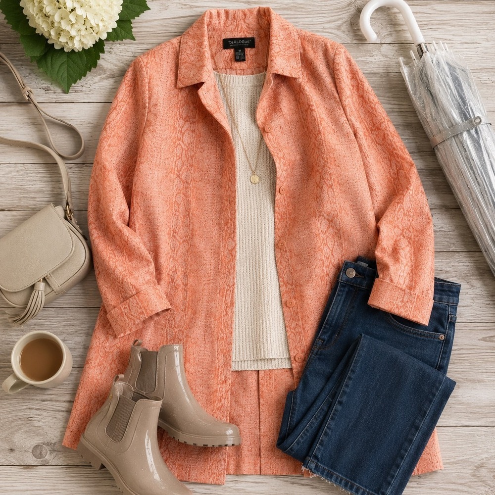 Dialogue 20W Plus Size Peach Coral Long Jacket Lightweight Duster Statement Coat